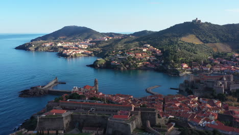Bay-of-Collioure-aerial-view-of-the-old-city-castle,-church-and-fortress